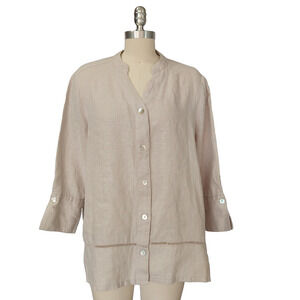 Symple NYC Linen Tunic Top Size L Natural 3/4 Sleeve V Neck Blouse Button Down
